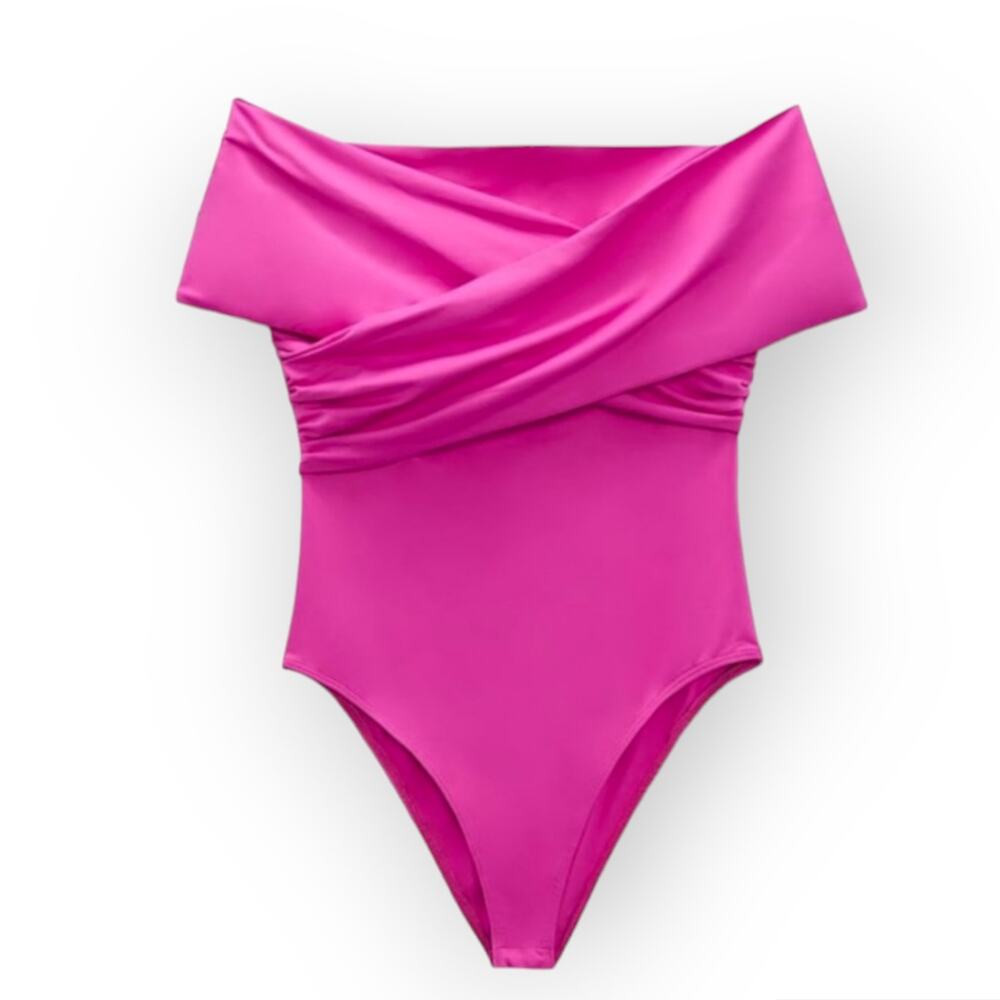 ZARA Hot Pink Off the Shoulder Bodysuit L NWOT Modern Edgy Drape Chic Stretchy
